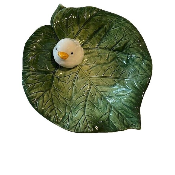 Vintage Bassano Dish Candy Nut Green Glazed Leaf White Bird Hand Painted Italy - Picture 1 of 3